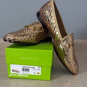 Sam Edelman Sequined Loafers in Metallic Gold and Bronze